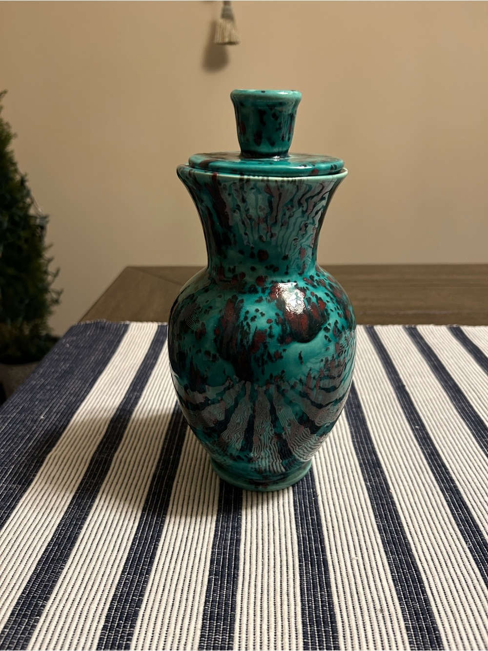 Aqua Speckled Decorative Ceramic Vase with Candle Holder Lid